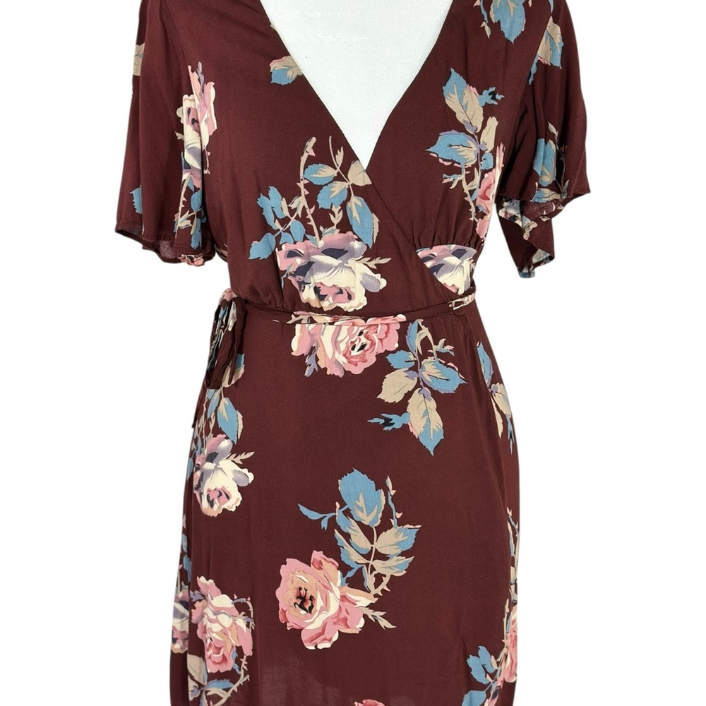 Show Me‎ Your MuMu Burgundy Floral Mini Wrap Dress Short Sleeve V-Neck  Size S - Picture 3 of 8
